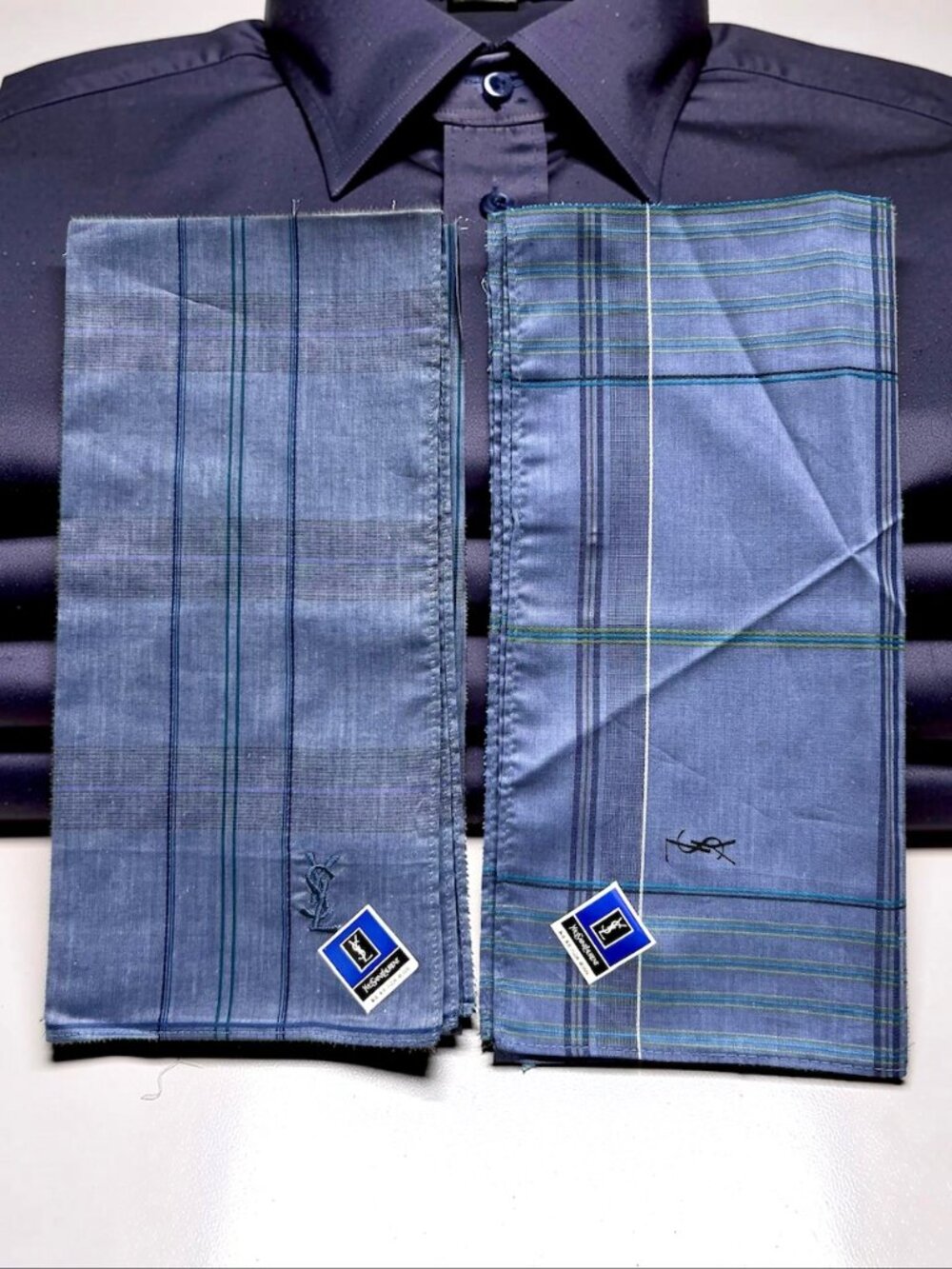 New Men (2) Yves Saint Laurent  Pocket Ssquare 19"  Blue Teal Gray Striped  (47